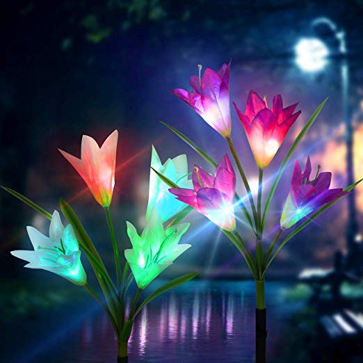 Outdoor Solar Garden Stake Lights 2 Pack Solar Powered Lights with 6 Lily Flower, Multi-Color Changing LED Solar Decorative Lights for Garden, Patio, Backyard