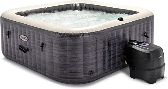 Intex 28451EP PureSpa Plus 6 Person Portable Inflatable Square Hot Tub Spa with 170 Bubble Jets and Built in Heater Pump, Greystone