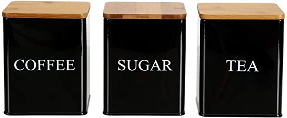 Fasmov 3 Pcs Kitchen Canister Set, Coffee, Sugar, and Tea Storage Container Jars with Bamboo Lids for storing Sugar, Coffee and Tea, Black