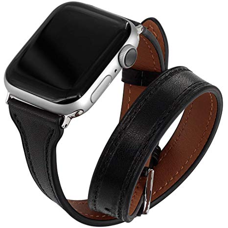 Falandi Compatible for Apple Watch Band 40mm Series 4, Double Genuine Leather iPhone Wristband Tour Women Girls Bracelet Replacement Strap for iWatch 38mm, Series 3 Series 2 Series 1 (Black, 40/38mm)