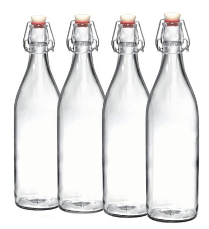 Paksh Novelty / Bormioli Rocco Giara Clear Glass Bottle With Stopper | Swing Top Bottle for Beverages, Oil, Vinegar | 33 3/4 oz [Set of 4]