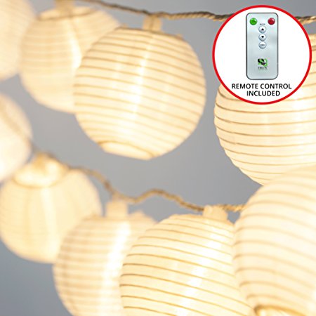 24 WHITE LANTERNS - INDOOR / OUTDOOR MINI NYLON STRING LIGHTS EXTRA LONG 16 FT - REMOTE CONTROL - EXTENDABLE - INCLUDES BONUS HANGING HOOKS by Frux Home and Yard