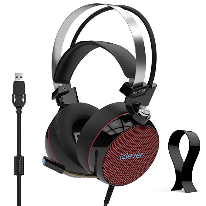 iClever Gaming Headset Noise Reduction - PC Gaming Headset 7.1 Surround Sound Deep Bass, LED Light, USB Gamer Headphones with Mic, Soft Earmuffs, Adjustable Headband, Black/Red