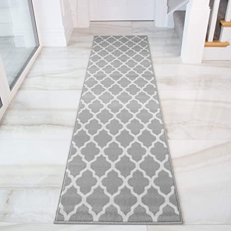 Milan Soft Touch Grey Brown Taupe Classic Grey Trellis Geometric Print Rug 60cm x 240cm