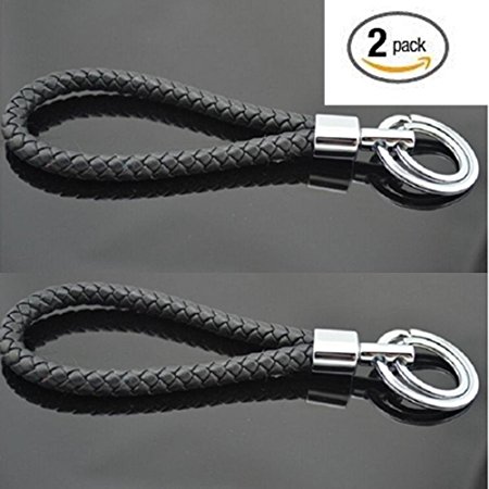 Cy3Lf Braided Leather Key-Chains Keyring Handbags Charms Deluxe Key Holder Leather & Metal-Stainless Steel (Black,pack of 2)