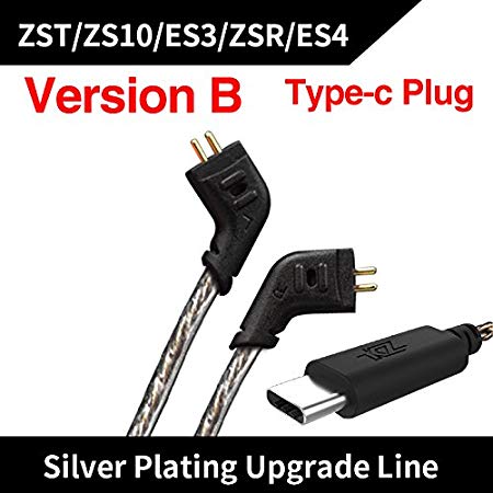 Original KZ USB Type C Cable Digital Decoding Silver Plated OFC Upgrade 0.75mm For KZ Earphones KZ ZST/ZSR/ED16/ES4/ZS10/ZS6 (Version B: For ZS10 ZST ED12)