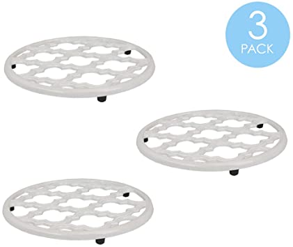 Home Basics Lattice Collection Cast Iron Trivet for Serving Hot Dish, Pot, Pans & Teapot on Kitchen Countertop or Dinning, Table-Heat Resistant (3, White)