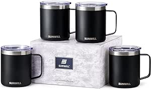 SUNWILL 14 oz Coffee Mug Set of 4, Insulated Camping Mug with Lid, Double Wall Stainless Steel Travel Tumbler Cup, Reusable Mug, Powder Coated Black