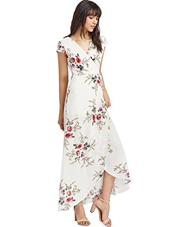 ROMWE Women's Casual Cold Shoulder Backless Floral Print Beach Long Wrap Maxi Dress