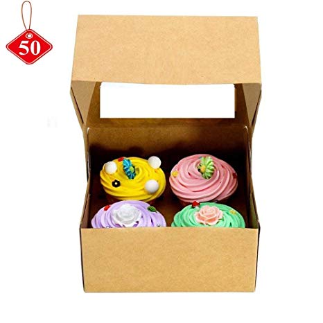 Brown Kraft Paper 4 Cavity Cupcake Box With Insert and Window,Set of 50