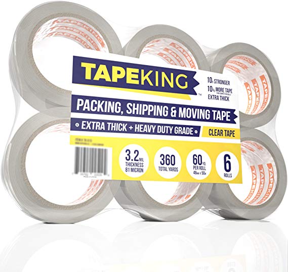 Tape King Clear Packing Tape Super Thick 3.2mil - 60 Yards Per Roll (Pack of 6 Refill Packaging Rolls) - Strong Shipping Heavy Duty Adhesive Carton Sealing Commercial Depot Tape (TK-052)