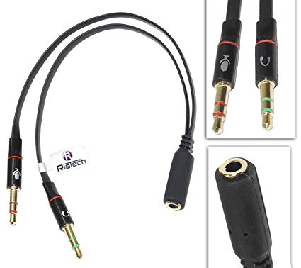 RiaTech Gold Plated 2 Male to 1 Female 3.5mm Headphone Earphone Mic Audio Y Splitter Cable for PC Laptop – Black