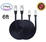 EverdigiTM2Pack 6FT Fast-charging Series Extended Extra Long Tangle-free Super Durable USB ChargeampSync Flat Data Cable Cord Wire - for iPhone 6 iPhone 6plus iPhone 5 iPhone 5s iPhone 5c iPod Touch 5 iPad 4 iPad Air iPad Mini with Authentication Chip Ensures Fastest Charging Speed No Annoying Error Message Lifetime Worry-free GuaranteedBlack