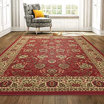 Ottomanson Ottohome Collection Traditional Floral Design Modern Area Rug with Non-Skid (Non-Slip) Rubber Backing, Dark Red