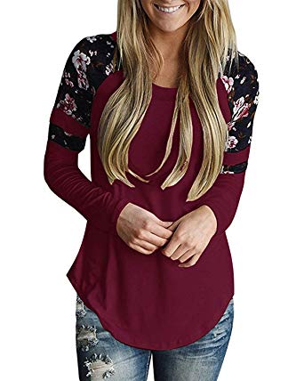 GADEWAKE Womens Casual Floral Print Color Block Long Sleeve Short Sleeve T Shirts Blouses Tops