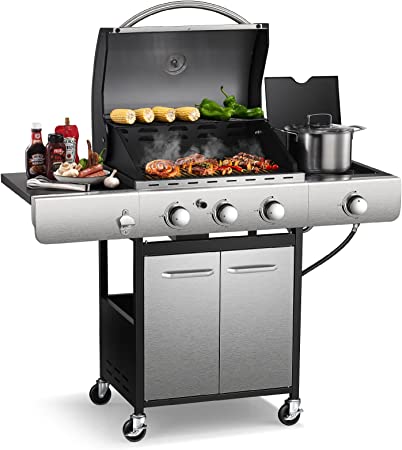 R.W.FLAME 34,000 BTU Propane Gas Grill with 3-Burner,BBQ Grill with Side Burner and Cast Iron Grates Stainless Steel Grill 486 sq. in Grilling Areas for Patio Garden Barbecue Camping,Silver