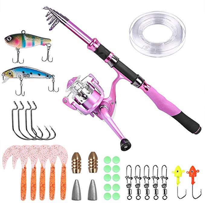 PLUSINNO Ladies Telescopic Fishing Rod and Reel Combos,Spinning Fishing Pole Pink Designed for Ladies Fishing Girls Fishing Pole