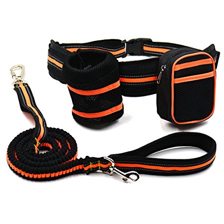 Youlanda Hands Free Dog Leash Lightweight Reflective Bungee Dog Leash for Running Hiking Walking Jogging Adjustable Waist Belt with Bottle Holder Waist Bag