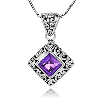 Sterling Silver Filigree Gemstone Square Pendant Necklace w/ 18" Silver Chain