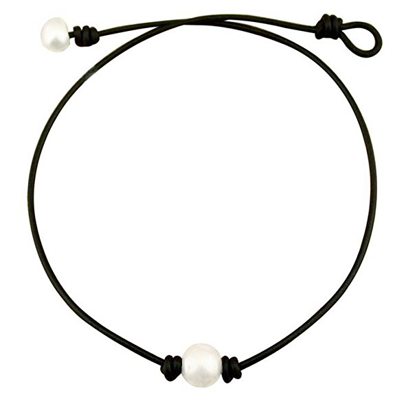 Wiw Pearl Choker for Women with Single AA Quality Freshwater Cultured Bead on Leather Cord Handmade Necklace Jewelry