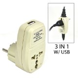 OREI 3 in 1 Schuko Travel Adapter Plug with USB and Surge Protection - Grounded Type EF - Germany France and More