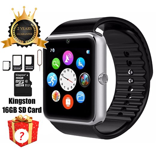 Smart Watch GT08 Bluetooth with 16GB SD Card and SIM Card Slot for Android Samsung S5 S6 Note 4 5 HTC Sony LG and iPhone 5 5S 6 6 Plus Smartphones (Sliver)