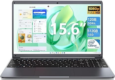 SGIN 15 Inch Laptop, 12GB RAM 512GB SSD, FHD IPS 1920x1080 Screen, Quad-Core Intel Celeron N5095, Laptops Computer with Cooling System, Webcam, Mini HDMI, Four Stereo Speakers, USB-Type C