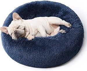 Bedsure Calming Dog Bed for Small Dogs - Donut Washable Small Pet Bed, 23 inches Anti-Slip Round Fluffy Plush Faux Fur Large Cat Bed, Fits up to 25 lbs Pets, Navy