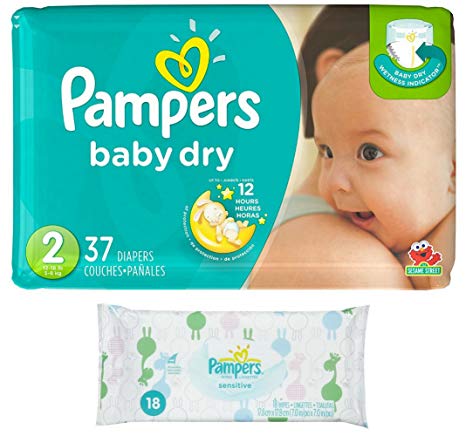 Pampers Baby Dry Size 2 Disposable Diapers - 37 count (3 Layers of Protection)   Sensitive Wipes Travel Pack 18 ct