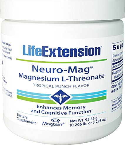 Life Extension Neuro-Mag® Magnesium L-Threonate Powder, Tropical Punch Flavor, 93.35 g (0.206 lb. or 3.293 oz). Pack of 1