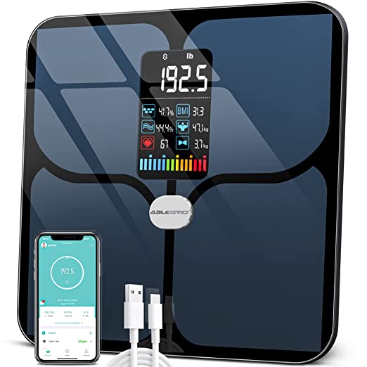 Body Fat Scale, ABLEGRID Digital Smart Bathroom Scale for Body Weight, Large LCD Display Screen, 16 Body Composition Metrics BMI, Water Weigh, Heart Rate, Baby Mode, 400lb, Rechargeable