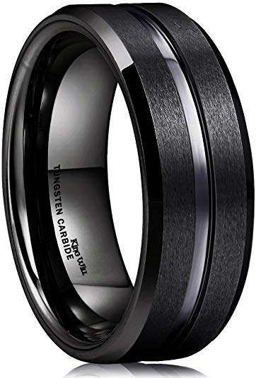 King Will Classic Men Black Tungsten Carbide 8mm Polished Matte Brushed Finish Center Wedding Band Ring