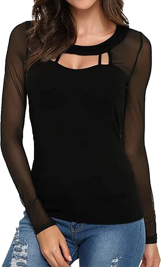 Womens Long Sleeve Mesh Top Sexy See Through Sheer Blouse Black Mesh Shirts Clubwear