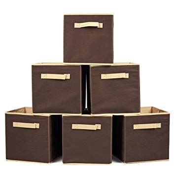 Set of 6 Basket Bins- EZOWare Collapsible Storage Organizer Boxes Cube for Nursery Home Shelves and Office - Hazelnut