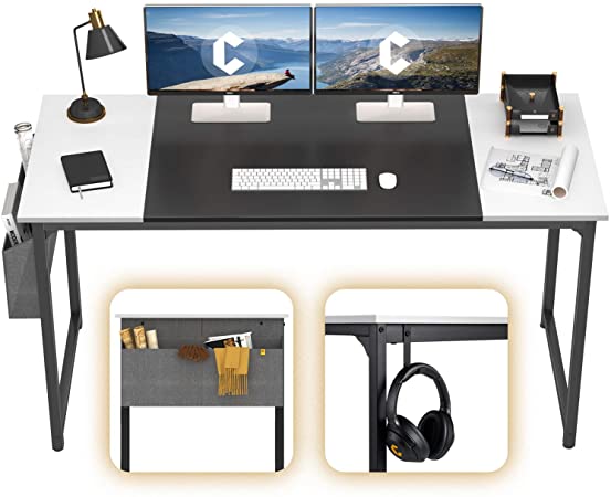 Cubiker Computer Home Office Desk 55" Study Writing Table for Home Office, Modern Simple Style PC Desk with Splice Board, Black Metal Frame, Black and White