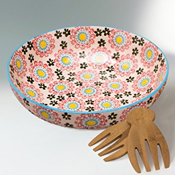 Large Salad Bowl Platter Set with 2 Serving Hands, 78 Ounce Stoneware, Embossed Floral Design, Multicolor