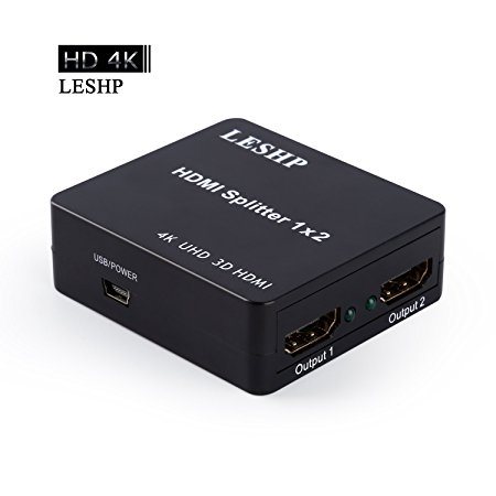 HDMI Splitter, LESHP Ultra HD 4K x 2K 1x2 HDMI Switch Switcher Amplifier Ver 1.4 Certified For 3D 1080P HD HDTV With One Input And Two Outputs(Black)