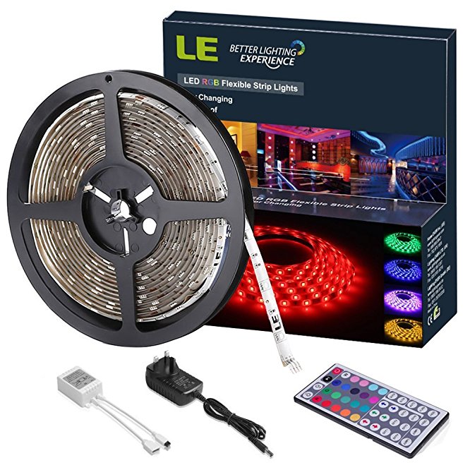 LE 12V DC Waterproof RGB LED Strip Lights Kit,150 Units SMD 5050 LEDs, 5m LED ribbon,44 Key IR Remote Controller and Power Adaptor Included, Multi-coloured LED Tape, TV Christmas Decoration Lighting