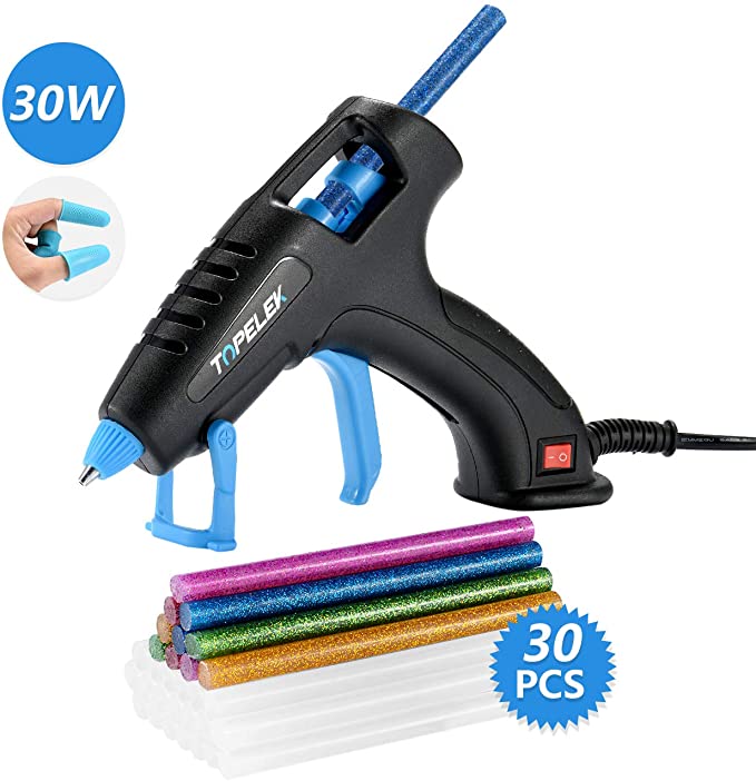 TOPELEK 30W Hot Glue Gun with 30 Glue Sticks Transparent & Colored, 3 Finger Protector, Longer Handle, Stable Support, Hot Melt Glue Gun for Arts & Crafts, DIY Projects, Home Repair, Fabric, Plastic