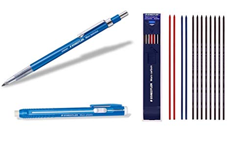 Staedtler Mars Techno Mechanical Technical Pencil Writing Supplies Set Composed by Withjenny - Lead Holder(780C), Stick Eraser(52850) & Lead 2mm HB 1 Dozen Mix Color (8 Black   2 red   2 Blue)