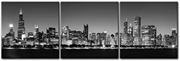 Black and White Chicago Night Buildings Cityscape Canvas Print Wall Art Painting for Home Decor 3 Pieces Panel Paintings Artwork The City Pictures Prints