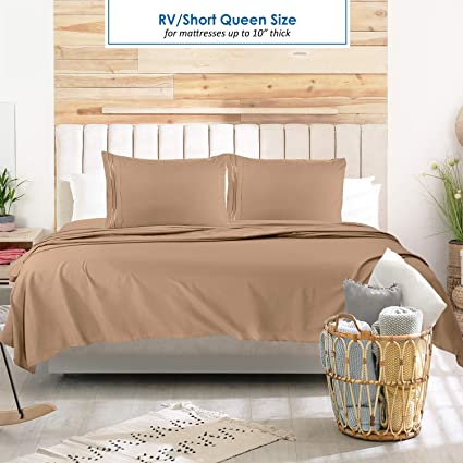 RV/Short Queen Bed Sheets Set Bedding Sheets Set for Campers, 4-Piece Bed Set, Deep Pockets Fitted Sheet, 100% Luxury Soft Microfiber, Hypoallergenic, Cool & Breathable, Mocha