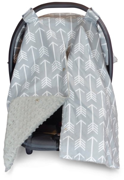 Premium Carseat Canopy Cover and Nursing Cover- Large Arrow Print with Grey Dot Minky | Best for Infant Car Seat, Boy or Girl | All Weather | Universal Fit | Baby Shower Gift | Newborn Decor