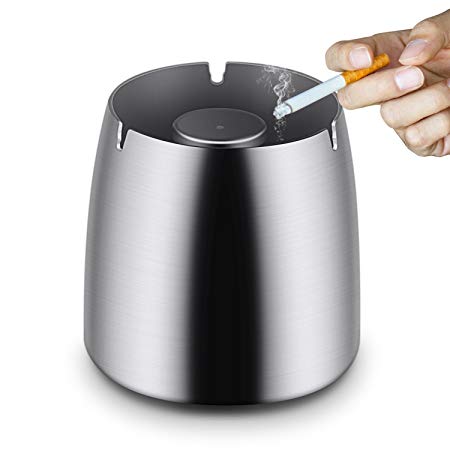 Windproof Ashtray, Stainless Steel Ashtray, Unbreakable Cigarette Ash Holder with Soft Pad at The Bottom to Prevent from Scratching Table for Home Office Outdoor