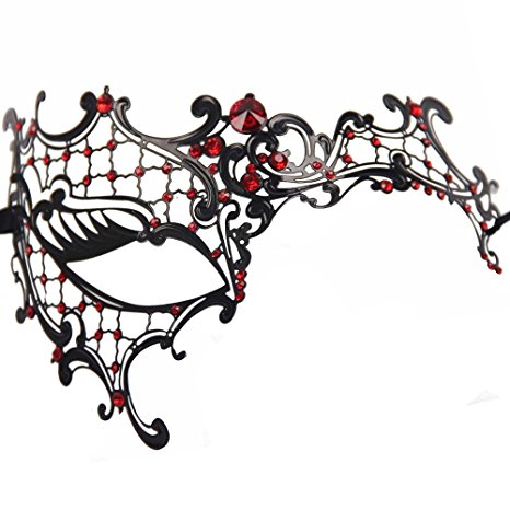 Signstek Glossy Metal Filigree Phantom Half Eye Mask for Venetian Masquerade (Black/Red Stones)