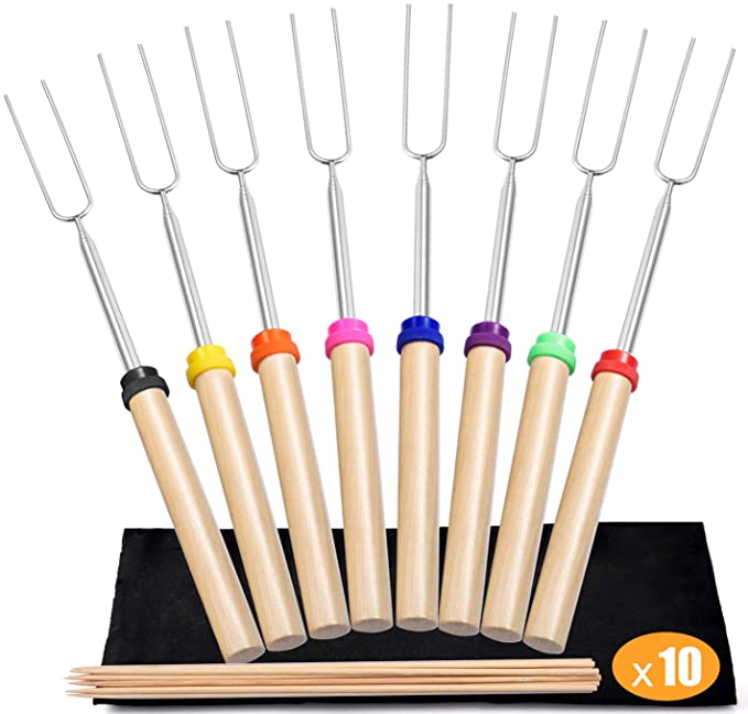 Newtion 8 PCS 32" Extendable BBQ Forks - Marshmallow Roasting Sticks with Wooden Handle,Telescoping Smores Skewers for Campfire Firepit