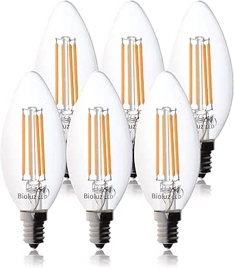 Bioluz LED 92 CRI E12 LED Candelabra Bulbs 60 Watt (5.5W) Soft White 3000K Clear LED Filamament Candle Bulb Dimmable UL Listed Title 20 6-Pack