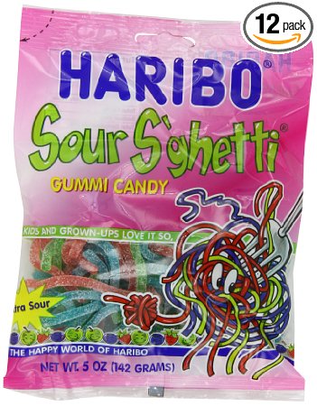 Haribo Gummi Candy, Sour S'ghetti, 5-Ounce Bags (Pack of 12)