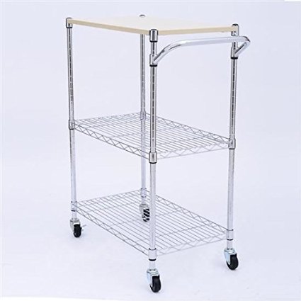 HomCom 24 Portable Rolling Wire Shelf Wood Top Kitchen Storage Trolley