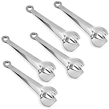 MBB Flatware Food Serving Tongs 6 inch Stainless Steel Mini Appetizer Buffet Tongs Fork Design Pack of 5